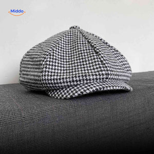 casquette plate grise motif pied-de-poule en laine, style rétro