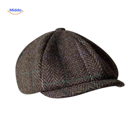 casquette plate en laine à carreaux marron, style rétro années 20