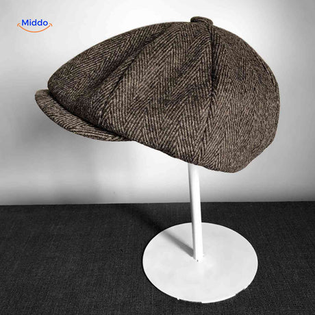 casquette plate en laine à chevrons marron, coupe newsboy classique