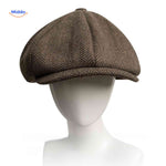 casquette plate en laine à chevrons marron, motif pied-de-poule rétro