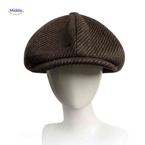 casquette plate marron rayée en laine, style cabby newsboy classique