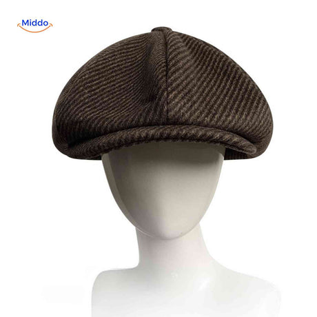 casquette plate marron rayée en laine, style cabby newsboy classique
