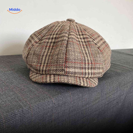 casquette plate en laine à carreaux marron et rouge, style newsboy rétro