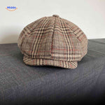 casquette plate en laine à carreaux marron et rouge, style newsboy rétro