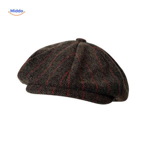 casquette plate en laine à rayures marron et rouge, coupe classique