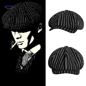 casquette plate à rayures noir et blanc, coupe rétro style peaky blinders