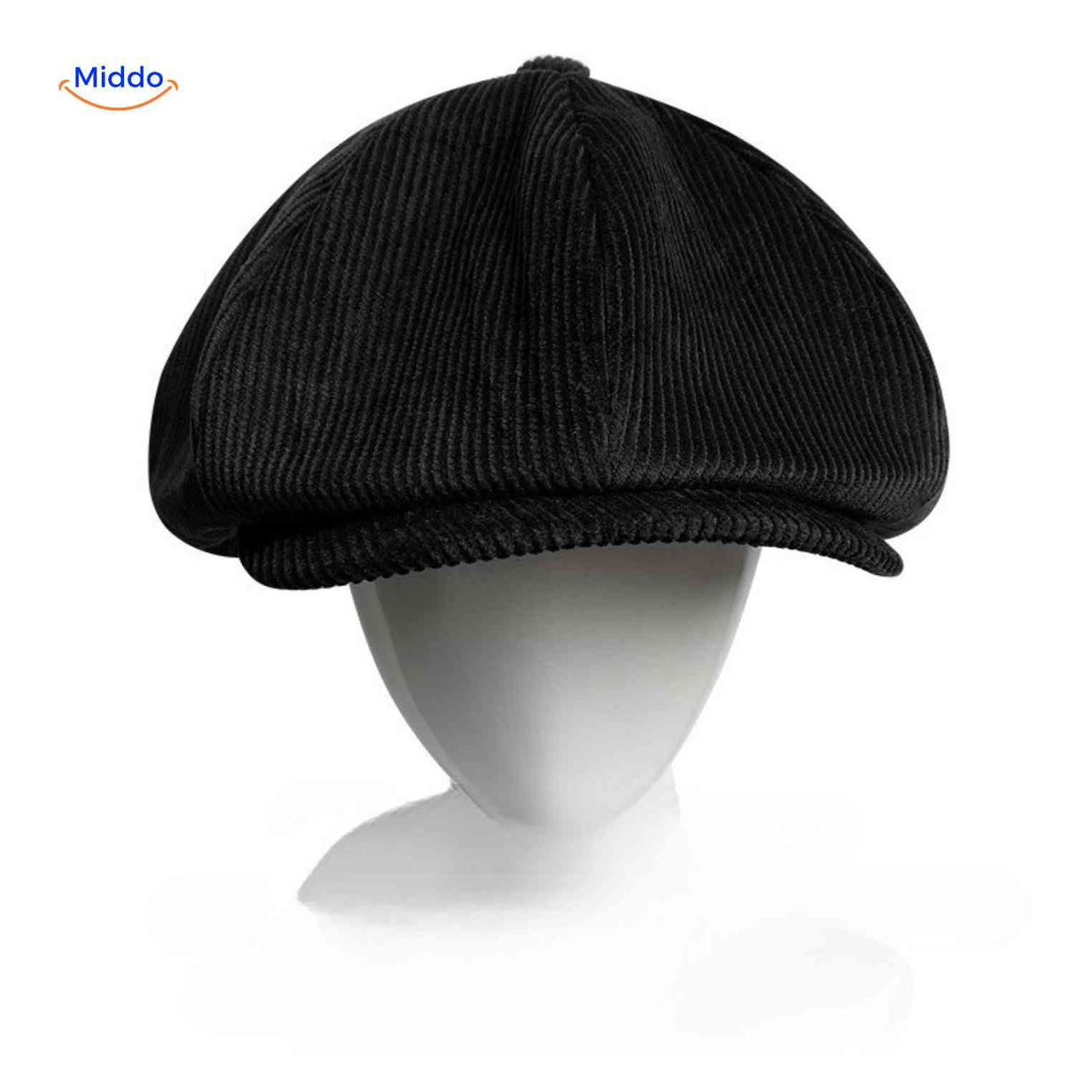 casquette plate en velours côtelé noir, coupe rétro classique