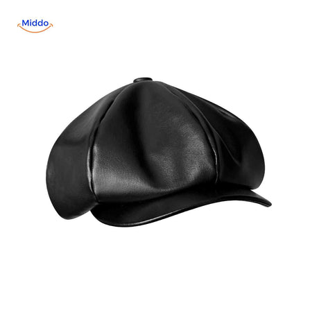 casquette plate en cuir lisse noir brillant, style vintage rétro