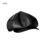 casquette plate en cuir lisse noir brillant, style vintage rétro