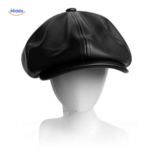 casquette plate en cuir noir lisse, style vintage années 20