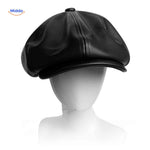 casquette plate en cuir noir lisse, style vintage années 20