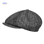 casquette plate en laine noire, style peaky blinders rétro vue de face