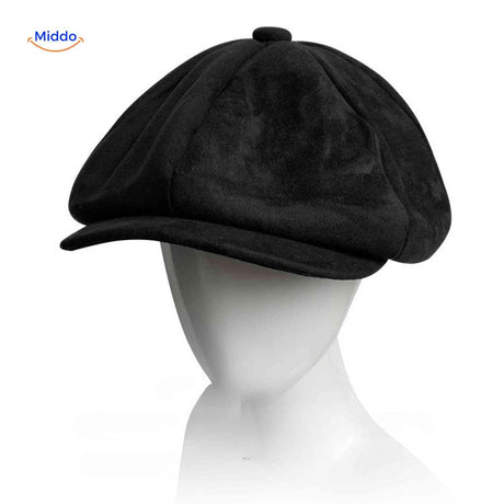casquette plate en suède noir, coupe newsboy rétro années 20