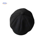 casquette plate en tricot côtelé noir, coupe newsboy rétro confortable