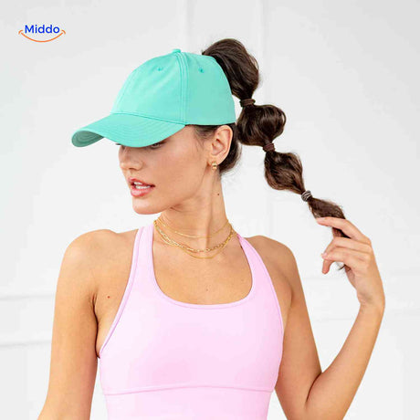 casquette ponytail vert menthe avec ouverture haute pour queue de cheval, look sportif
