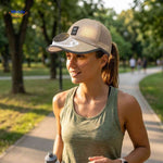 casquette à ventilateur solaire portée lors d'une marche ou randonnée estivale