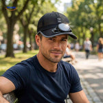 casquette rafraîchissante à ventilateur solaire portée dans un parc en plein air