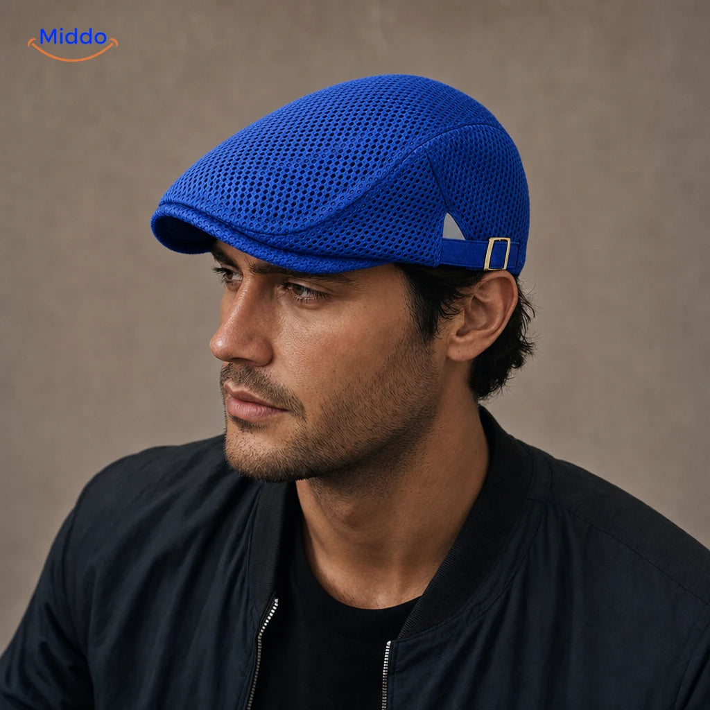 Casual Mesh Flat Cap Bleu roi portée par un homme