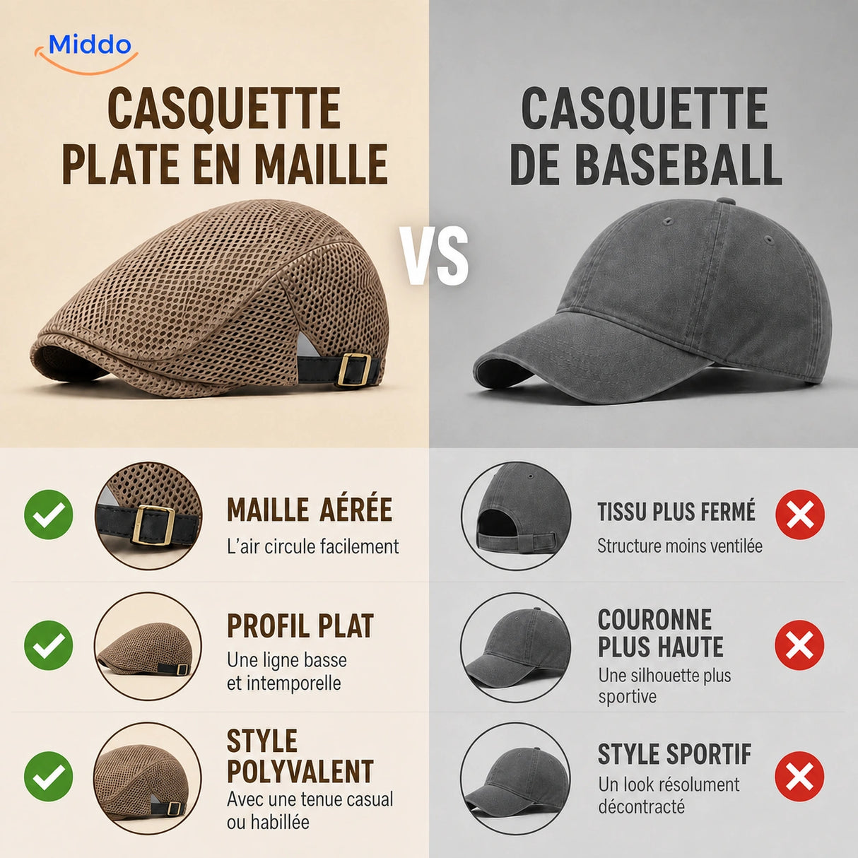 Comparaison entre la Casual Mesh Flat Cap et une casquette de baseball