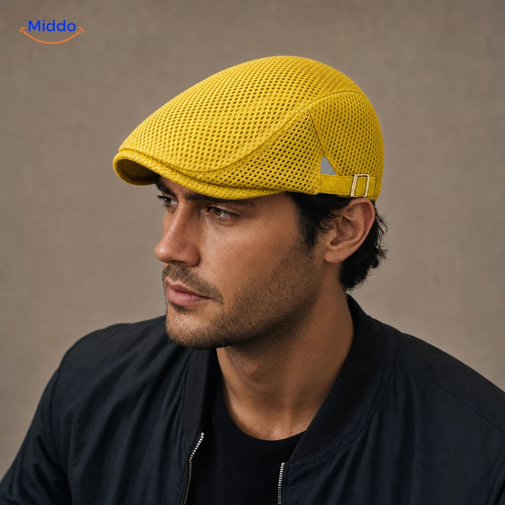 Casual Mesh Flat Cap Jaune portée par un homme