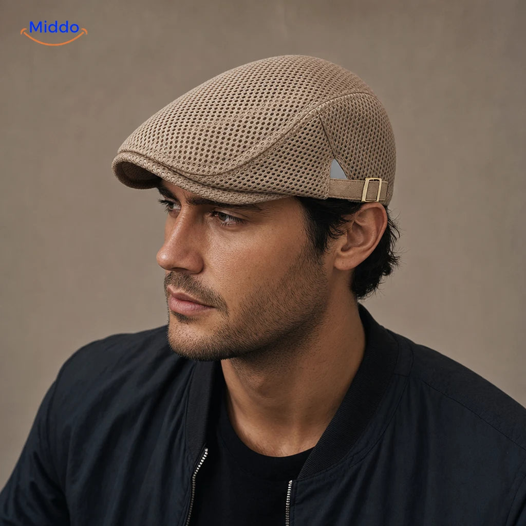 Casual Mesh Flat Cap Kaki portée par un homme