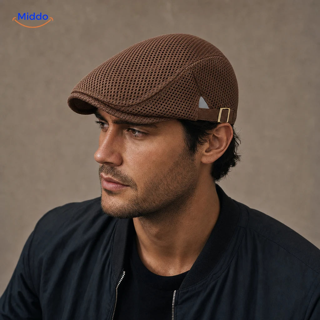 Casual Mesh Flat Cap Marron café portée par un homme