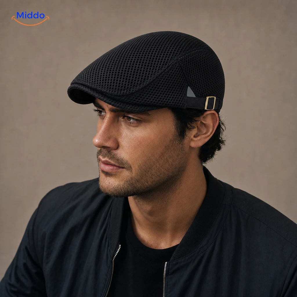Casual Mesh Flat Cap Noir portée par un homme