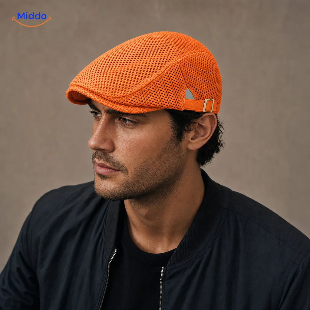 Casual Mesh Flat Cap Orange portée par un homme