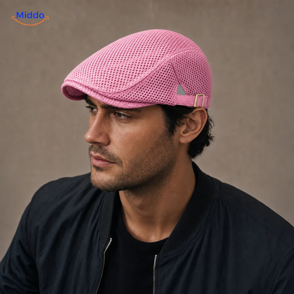 Casual Mesh Flat Cap Rose portée par un homme