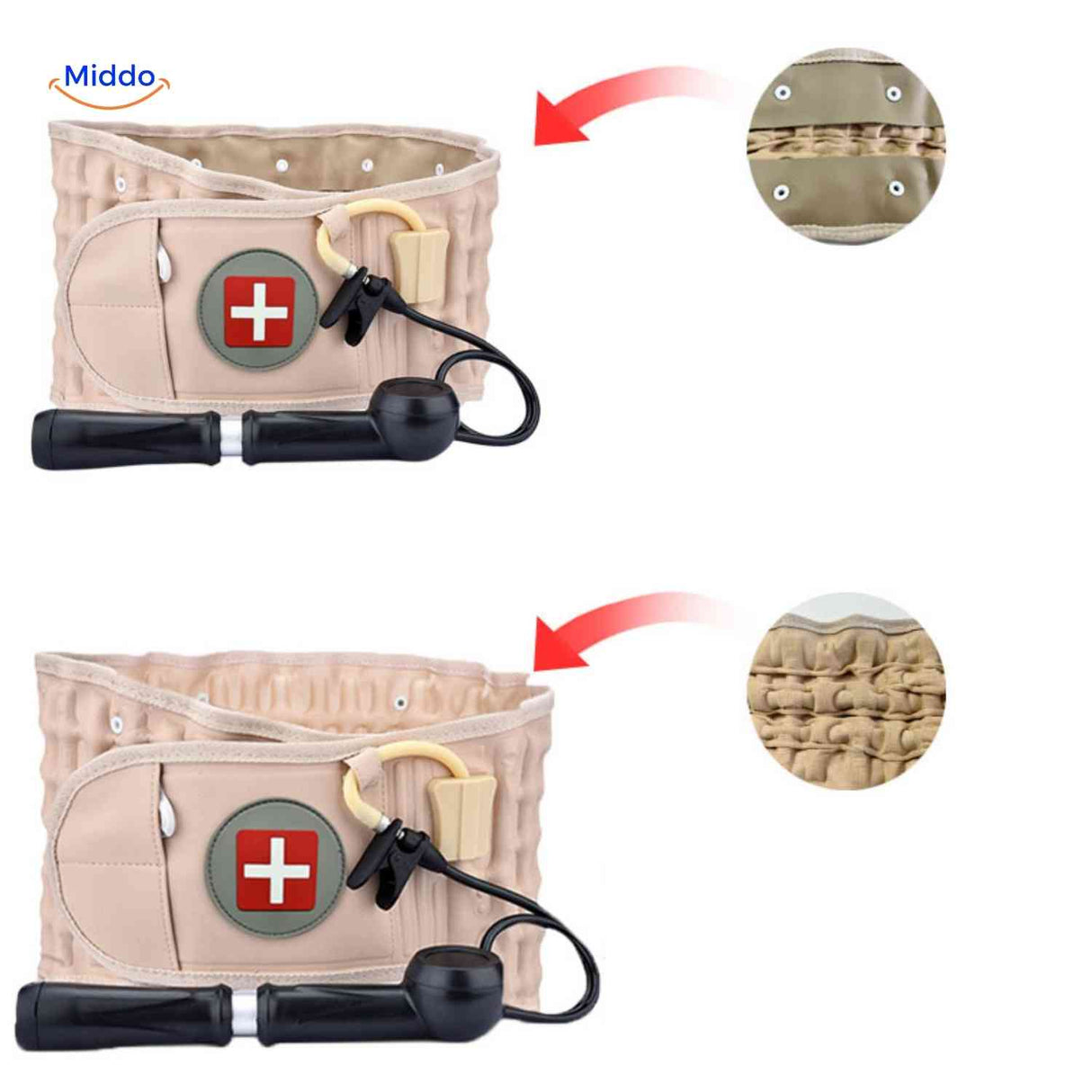 comparaison de la ceinture lombaire avant et après gonflage pour visualiser l'extension du soutien