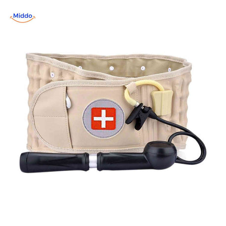 ceinture lombaire gonflable coloris beige avec pompe à main incluse pour un soutien dorsal réglable