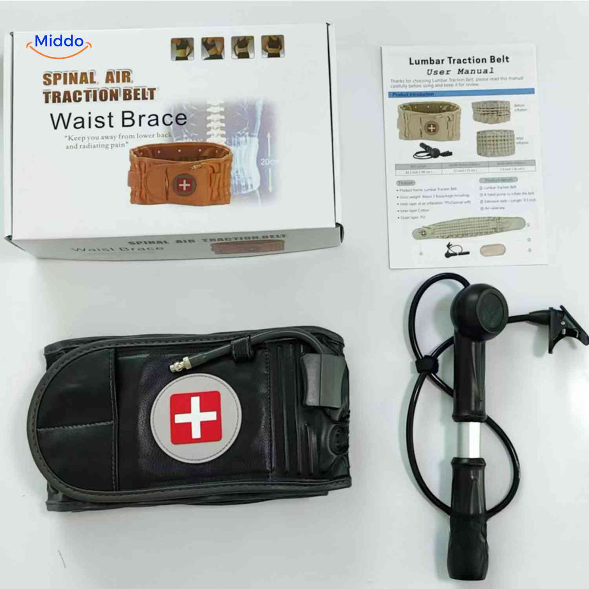 kit complet ceinture lombaire gonflable avec boîte, notice d'utilisation et sangle dorsale