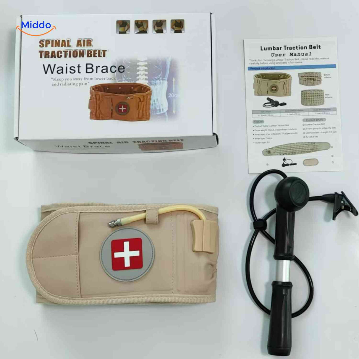 ensemble complet ceinture lombaire beige avec emballage et notice d'utilisation incluse
