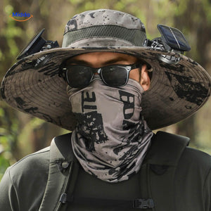 chapeau ventilateur solaire coloris kaki avec large bord de protection