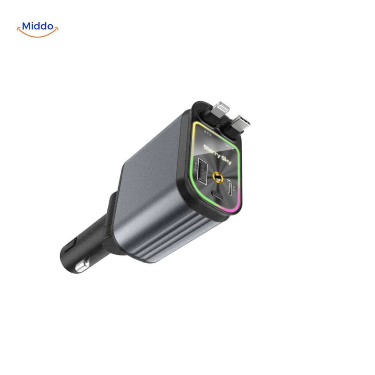 chargeur de voiture 120W 4-en-1 avec système RGB et 2 ports USB, vue générale du produit