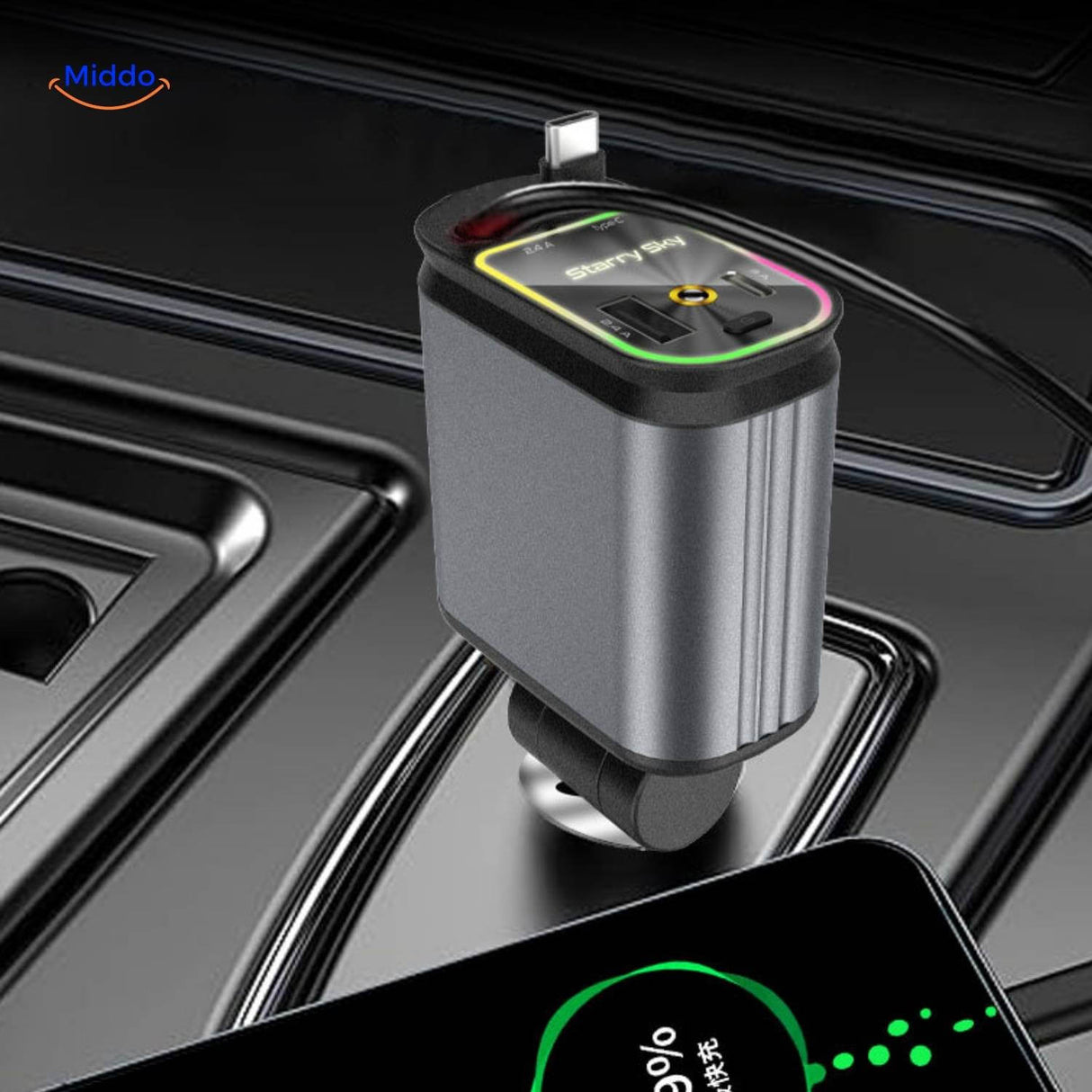 chargeur voiture 120W avec smartphone branché en cours de charge rapide