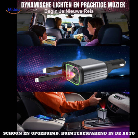 chargeur voiture 120W branché dans l'habitacle avec éclairage ambiance unique allumé