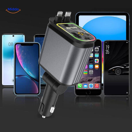 chargeur voiture 120W chargeant plusieurs appareils simultanément grâce aux 4 ports