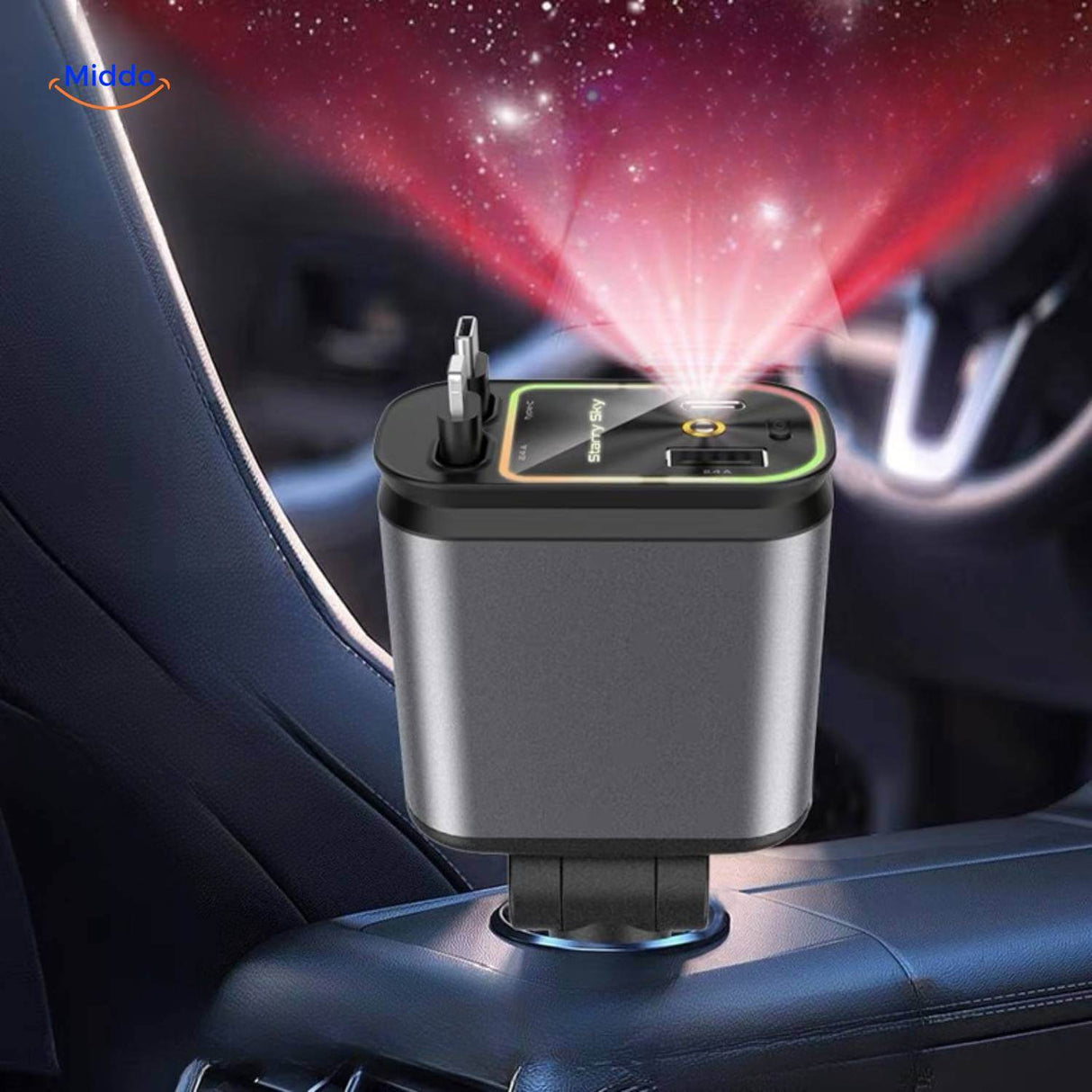 chargeur voiture 120W projetant un ciel étoilé RGB sur le plafond de l'habitacle