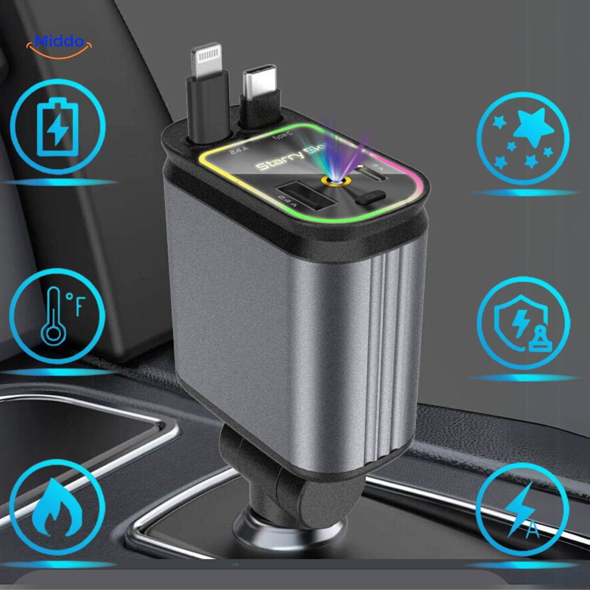 chargeur voiture 120W station de charge avec effets lumineux technologiques et design futuriste