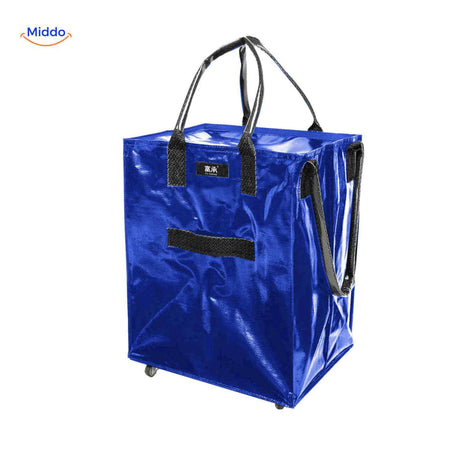 chariot de courses bleu a roulettes, pratique pour le linge et les achats du quotidien