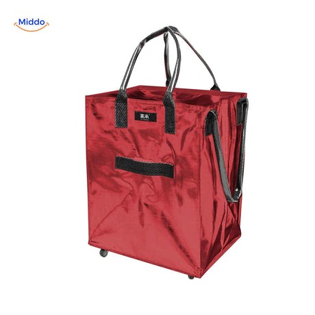chariot de courses rouge leger avec poignees et roulettes, facile a transporter partout