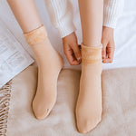 chaussettes en velours d'hiver beige portées aux pieds, douceur et chaleur