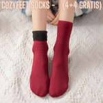 chaussettes en velours d'hiver coloris rouge portées aux pieds