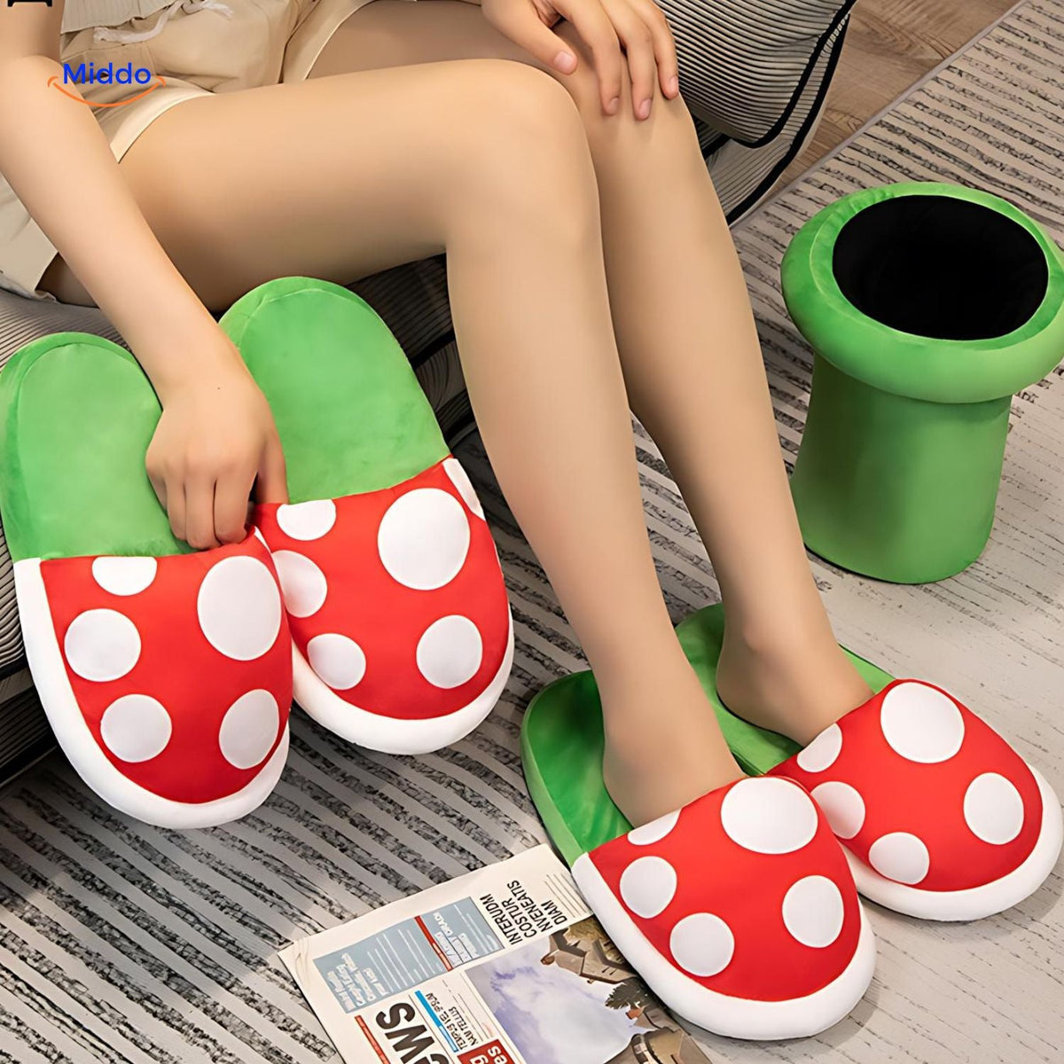 chaussons champignon en coton douilletts portés à la maison, design original et chaleureux