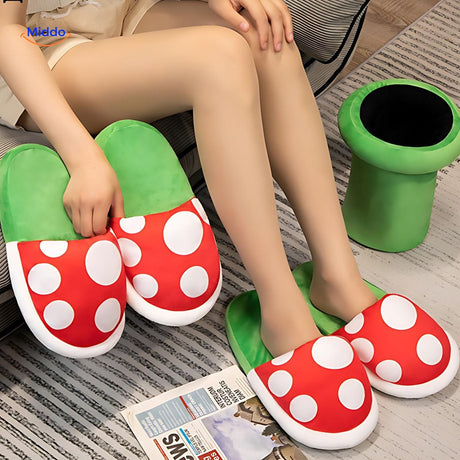 chaussons champignon en coton douilletts portés à la maison, design original et chaleureux