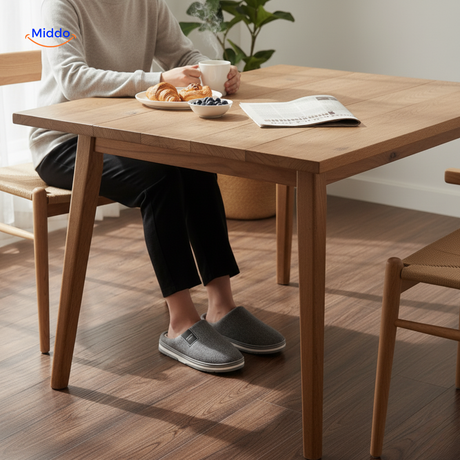 chaussons gris portés lors d'une scène de petit-déjeuner cosy, ambiance maison chaleureuse