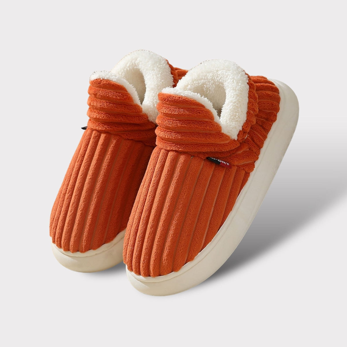 chaussons d'hiver orange en fleece avec doublure blanche moelleuse et semelle antidérapante blanche