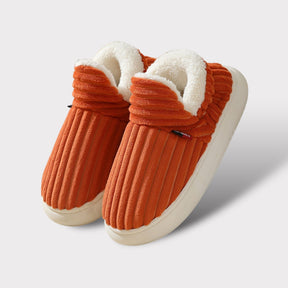 chaussons d'hiver orange en fleece avec doublure blanche moelleuse et semelle antidérapante blanche