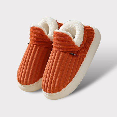chaussons d'hiver orange en fleece avec doublure blanche moelleuse et semelle antidérapante blanche